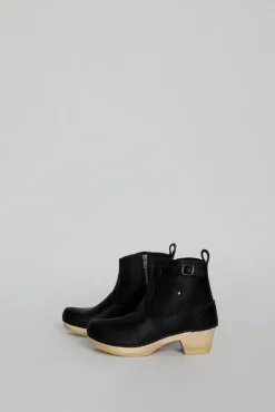 No.6 Store 5" Leather Clog Buckle Boot on Mid Heel in Black