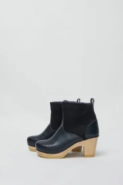 No.6 Store 5" Pull on Shearling Clog Boot on High Heel in Navy and Night
