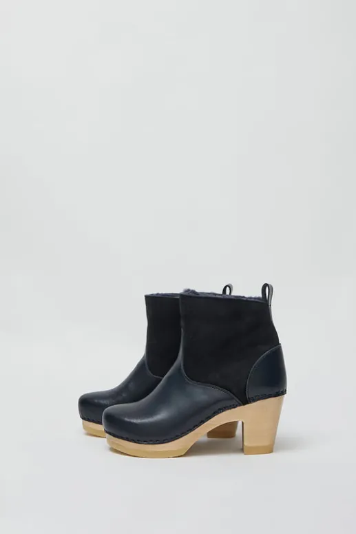 No.6 Store 5" Pull on Shearling Clog Boot on High Heel in Navy and Night