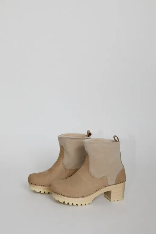 No.6 Store 5" Pull On Shearling Clog Boot on Mid Tread in Bone Suede on White Base