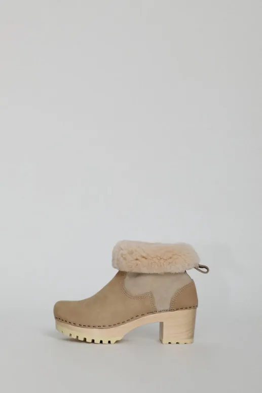 No.6 Store 5" Pull On Shearling Clog Boot on Mid Tread in Bone Suede on White Base
