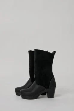 No.6 Store 9" Pull On Shearling Clog Boot on High Heel in Black Suede on Black Base