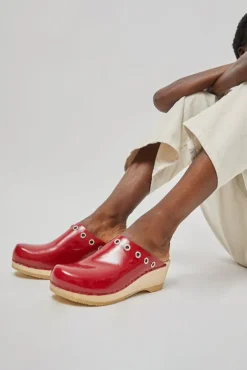 No.6 Store Bella Clog on Mid Wedge in Red Patent with Eyelets