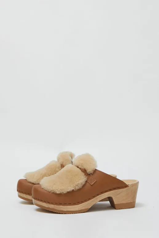 No.6 Store Billie Fur Clog on Mid Heel in Palomino