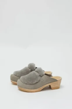 No.6 Store Billie Fur Clog on Mid Heel in Mist