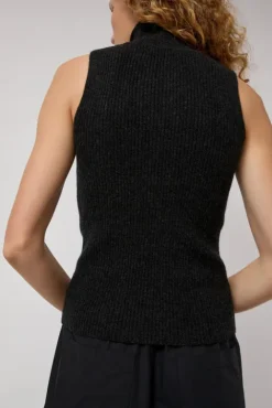 No.6 Store Cashmere Mock Collar Rib Top in Black Melange