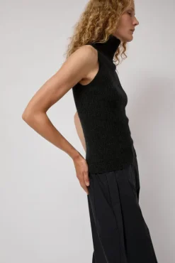 No.6 Store Cashmere Mock Collar Rib Top in Black Melange