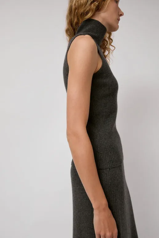 No.6 Store Cashmere Mock Collar Rib Top in Olive Melange