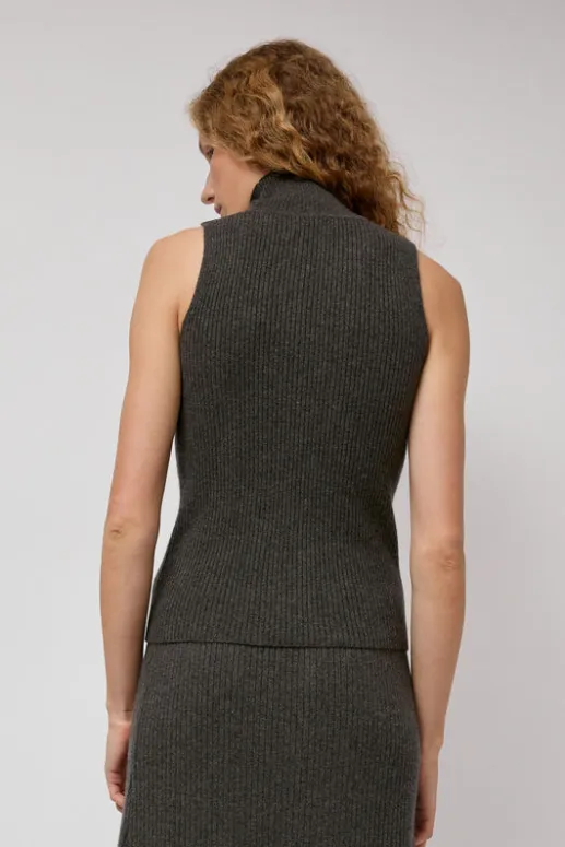 No.6 Store Cashmere Mock Collar Rib Top in Olive Melange