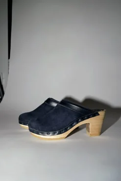 No.6 Store Dakota Shearling Clog on High Heel in Navy Suede and Night