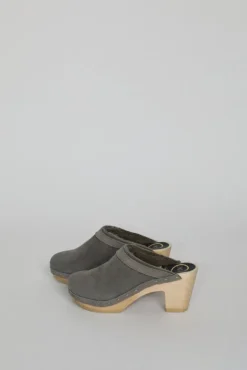 No.6 Store Dakota Shearling Clog on High Heel in Smoke Suede and Cloud