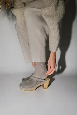 No.6 Store Dakota Shearling Clog on High Heel in Smoke Suede and Cloud