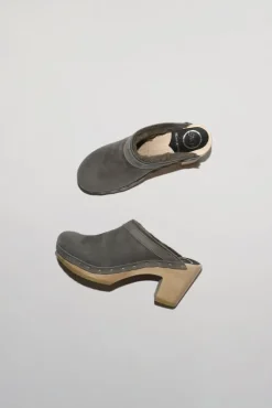 No.6 Store Dakota Shearling Clog on High Heel in Smoke Suede and Cloud