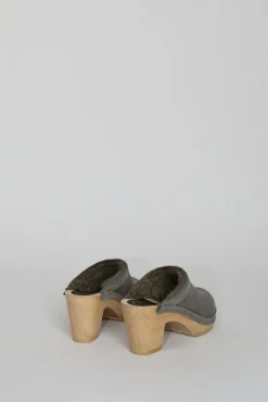 No.6 Store Dakota Shearling Clog on High Heel in Smoke Suede and Cloud
