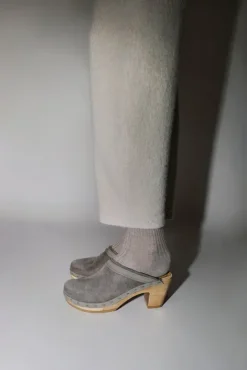No.6 Store Dakota Shearling Clog on High Heel in Smoke Suede and Cloud