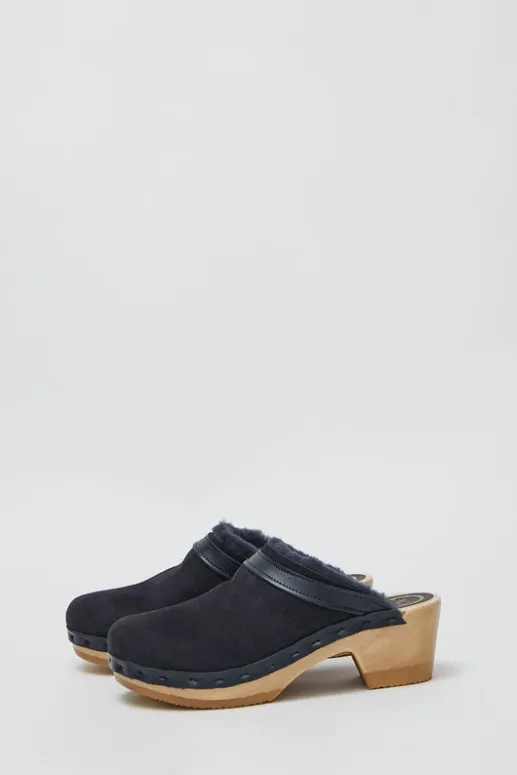 No.6 Store Dakota Shearling Clog on Mid Heel in Navy and Night