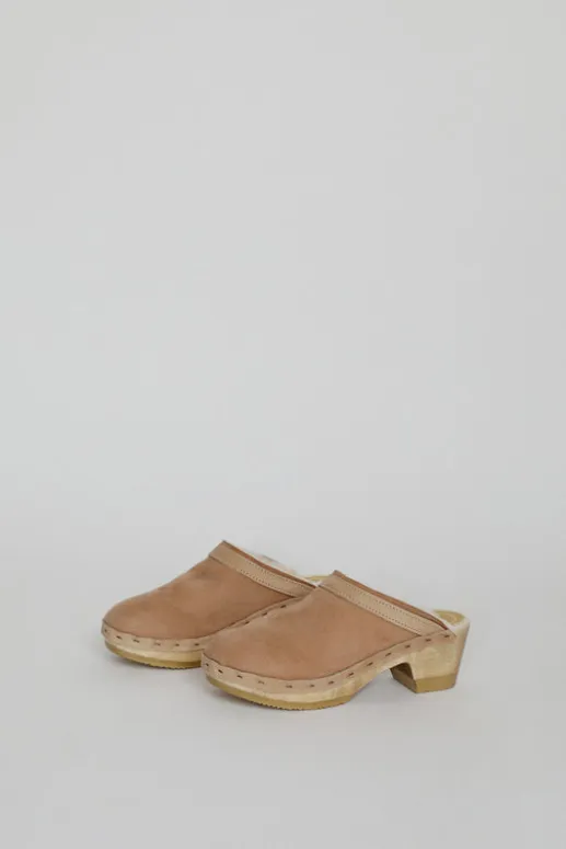 No.6 Store Dakota Shearling Clog on Mid Heel in Fawn Suede and Bone