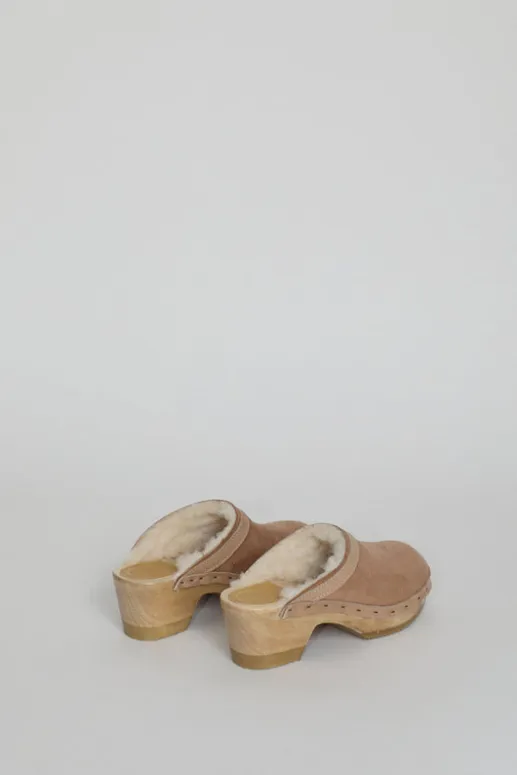 No.6 Store Dakota Shearling Clog on Mid Heel in Fawn Suede and Bone