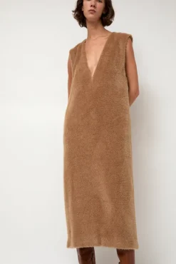 No.6 Store Eco Fur Deep V Dress in Camel