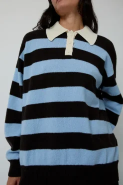 No.6 Store Edith Stripe Polo Sweater in Dark Brown and Pale Blue