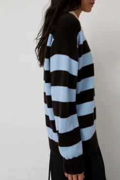 No.6 Store Edith Stripe Polo Sweater in Dark Brown and Pale Blue