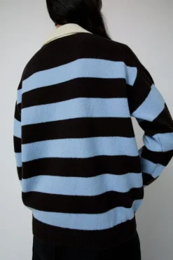 No.6 Store Edith Stripe Polo Sweater in Dark Brown and Pale Blue