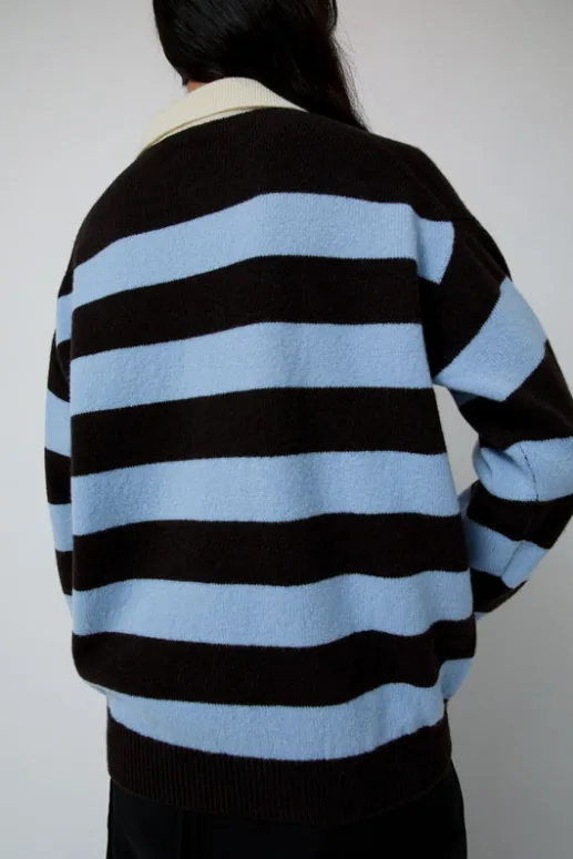 No.6 Store Edith Stripe Polo Sweater in Dark Brown and Pale Blue