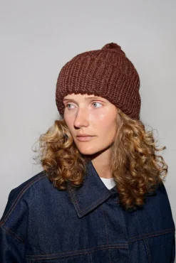 No.6 Store Fold Up Long Pom Pom Beanie in Dark Brown