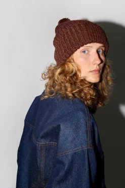 No.6 Store Fold Up Long Pom Pom Beanie in Dark Brown