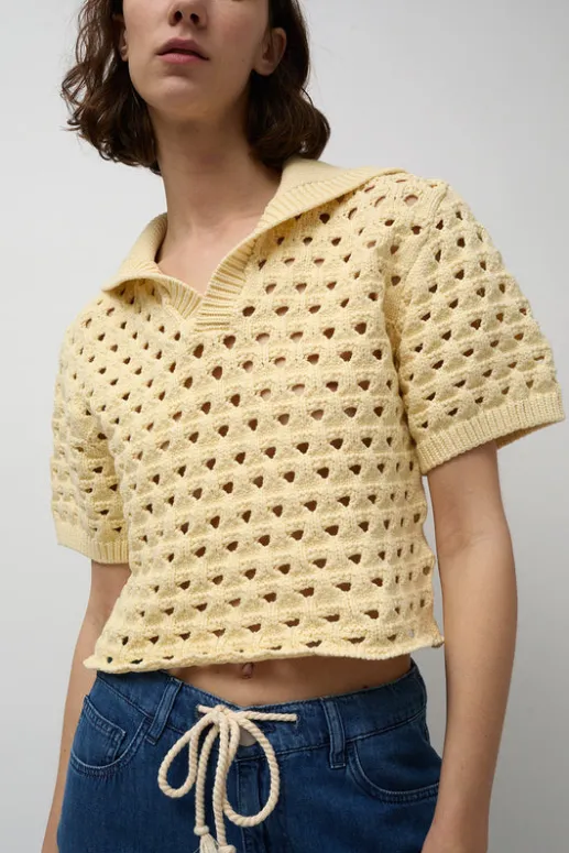 No.6 Store Knitted Short Sleeve Polo in Eggshell