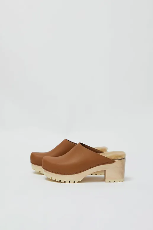 No.6 Store Liza Clog on Mid Tread in Palomino with Ink Aviator Shearling