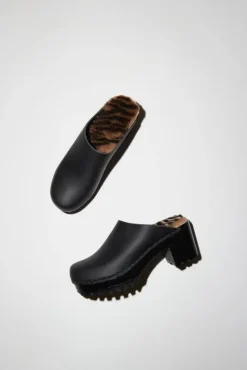 No.6 Store Liza Clog on Mid Tread in Black with Zebra Shearling on Black Base