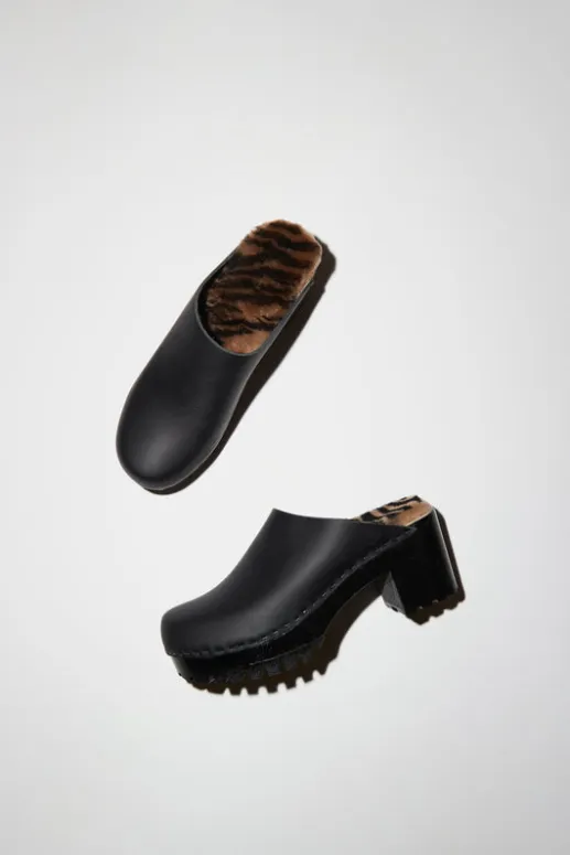 No.6 Store Liza Clog on Mid Tread in Black with Zebra Shearling on Black Base