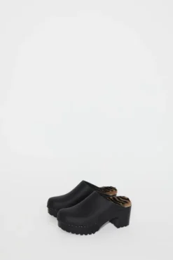 No.6 Store Liza Clog on Mid Tread in Black with Zebra Shearling on Black Base