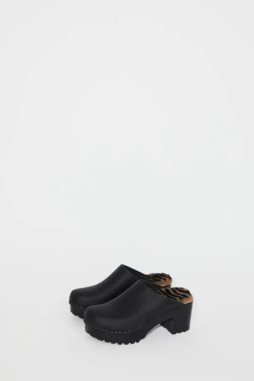 No.6 Store Liza Clog on Mid Tread in Black with Zebra Shearling on Black Base