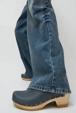 No.6 Store Old School Studded Clog on Mid Heel in Denim Printed Leather