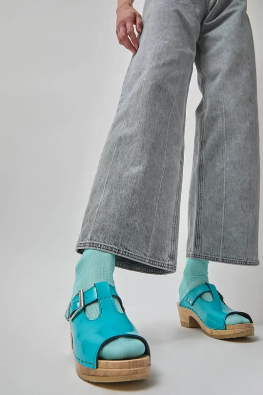 No.6 Store T Strap Clog on Mid Heel in Turquoise Patent