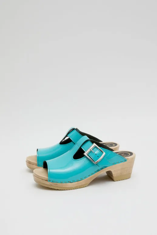 No.6 Store T Strap Clog on Mid Heel in Turquoise Patent