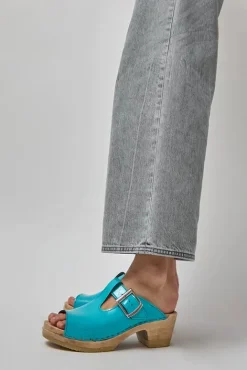 No.6 Store T Strap Clog on Mid Heel in Turquoise Patent