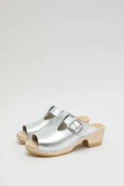 No.6 Store T Strap Clog on Mid Heel in Silver