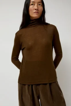 No.6 Store Thin Ribbed Roll Neck Top in Brown