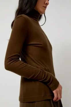 No.6 Store Thin Ribbed Roll Neck Top in Brown