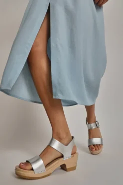 No.6 Store Two Strap Clog on Mid Heel in Silver